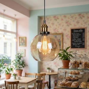 Amber Glass Globe Pendant Light, Mid Century Modern Ceiling Lamp, Vintage Edison Hanging Light for Kitchen Island, Bedroom, or Dining