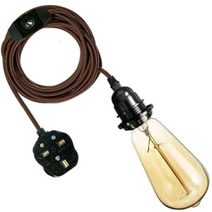 May include: A brown electrical cord with a black plug and a black light socket. The cord is coiled and the light socket has a clear glass light bulb attached.