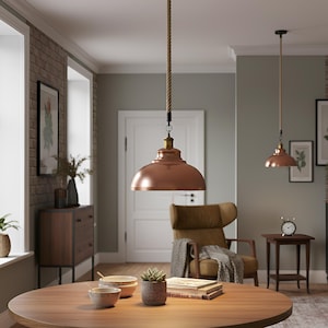May include: Two copper-coloured pendant lights hang from the ceiling. Each light has a rounded shade and a brass-coloured top, suspended by a rope cord. The room is decorated in neutral tones, creating a warm and inviting atmosphere. The lights are a feature.