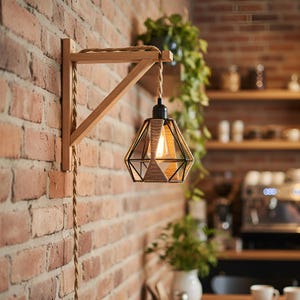 May include: A geometric pendant light fitting with a black metal frame and rope accents hangs from a wooden bracket on a brick wall. The light bulb is visible inside the fitting. The electrical cord is also wrapped in rope.