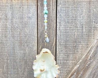 Pacific Oyster Fan/Light Pull with seafoam beaded chain