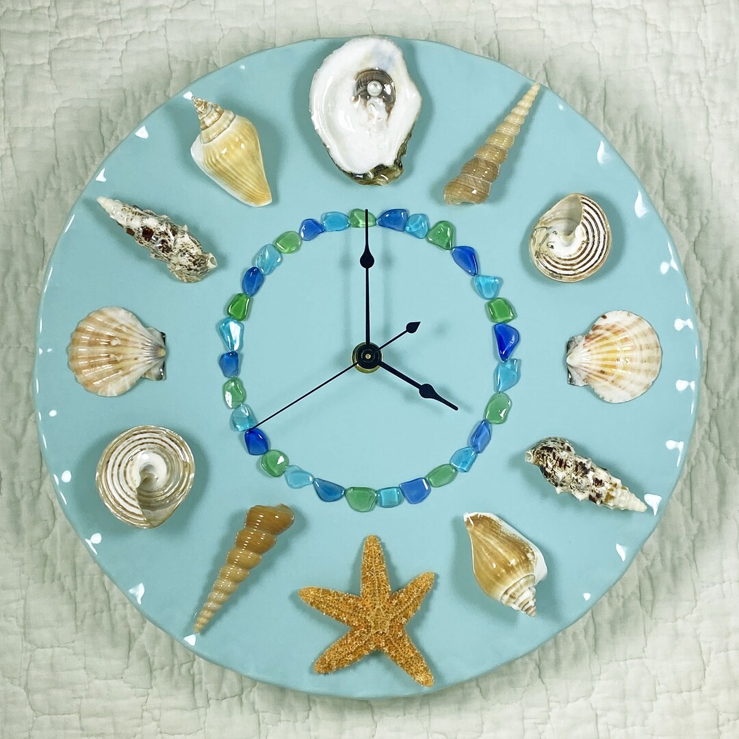 Seashell Wall Clock, Soft Turquoise, Shell Clock, Coastal Clock, Beach ...
