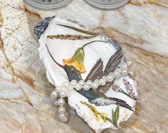 Oyster Shell Ring Dish with Decoupage Hummingbird and Flowers