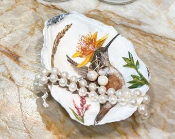 Decoupage Oyster Shell Jewelry Bowl with Hummingbird & Flower