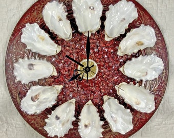 SALE - Large Oysters on the Half Shell Wall Clock - red pressed tin platter