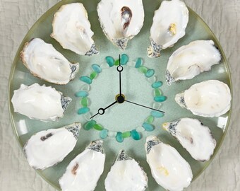 Coastal Wall Clock made with oyster shells and sea glass