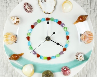 Seashell Wall Clock made with real shells, turquoise beach clock, two choices of seaglass