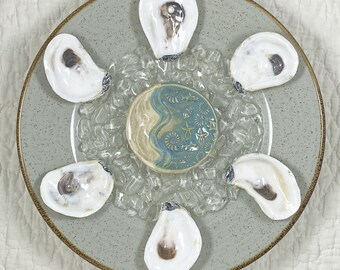 Seafoam blue oyster plate with real oyster shell wells