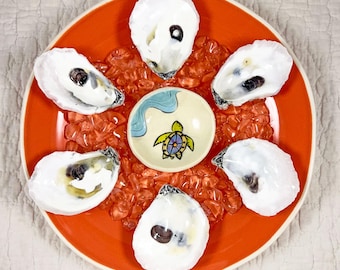 Oyster plate made with real oyster shells and whimsical turtle sauce bowl