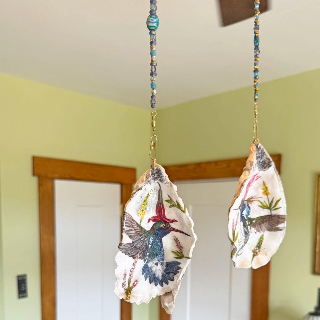 Oyster Shell Fan/light Pull With Whimsical Hummingbird Decoupage - Etsy
