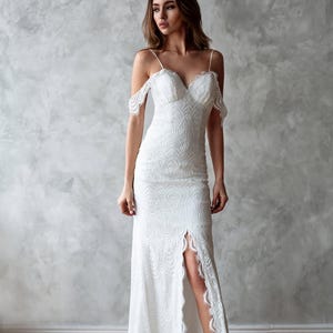 Off Shoulder Sleeve Wedding Gown , Lightweight Wedding Dress, Boho Wedding Dress, Lace Wedding Dress, Bridal Dress With Slit.
