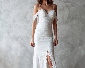 Off-shoulder mouw trouwjurk, lichtgewicht trouwjurk, boho trouwjurk, kanten trouwjurk, bruidsjurk met spleet.