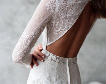 Kanten trouwjurk, bruidsjurk met bloemenapplicatie, bruidsjurk met open achterkant, moderne a-lijn bruidsjurk met lange mouwen, boho-trouwjurk