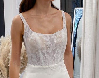 Kanten trouwjurk, bruidsjurk met ronde hals, A-lijn trouwjurk, bruidsjurk met afneembare mouwen, grillige bruidsjurk.