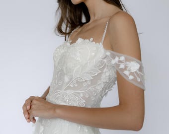 Boho-trouwjurk, trouwjurk kant off-shoulder, A-lijn bruidsjurk, trouwjurk met hartvormige halslijn, moderne bruidsjurk