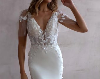 Moderne trouwjurk | Satijnen trouwjurk | Trouwjurk met blote schouders | Trouwjurk korset | Mouwloze satijnen trouwjurk