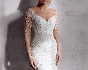 Moderne trouwjurk | Satijnen trouwjurk | Trouwjurk met blote schouders | Trouwjurk korset | Mouwloze satijnen trouwjurk