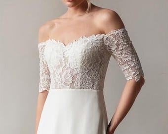 Off-the-shoulder trouwjurk, kanten bruidsjurk, chiffon trouwjurk, zachte a-lijn bruidsjurk, trouwjurk met lange mouwen, boho bruidsjurk