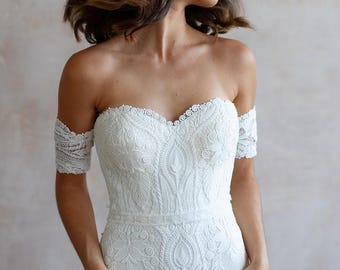 Boho-trouwjurk, bruidsjurk met hartvormige halslijn, trouwjurk met fishtail-trein, off-shoulder mouwjurk, vorstelijke bruidsjurk