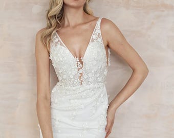 Moderne trouwjurk | Satijnen trouwjurk | Trouwjurk met blote schouders | Trouwjurk korset | Mouwloze satijnen trouwjurk