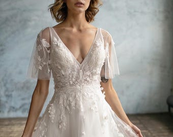 A-lijn trouwjurk, trouwjurk met V-hals, trouwjurk met afneembare mouwen, kanten trouwjurk, boho-trouwjurk