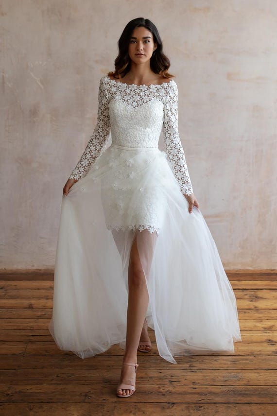 Short Wedding Dress, Bridal Gown with Detachable Overskirt, Long Sleeve Wedding Dress, Floral Lace Wedding Dress, Boat Neckline Bridal Dress Short Wedding Dress, Bridal Gown with Detachable Overskirt, Long Sleeve Wedding Dress, Floral Lace Wedding Dress, Boat Neckline Bridal Dress