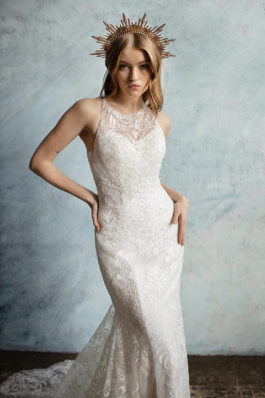Halter Neckline Wedding Gown, Fitted Wedding Dress, Open Back Wedding Dress, Lacey Wedding Dress, Sweetheart Neckline Wedding Dress