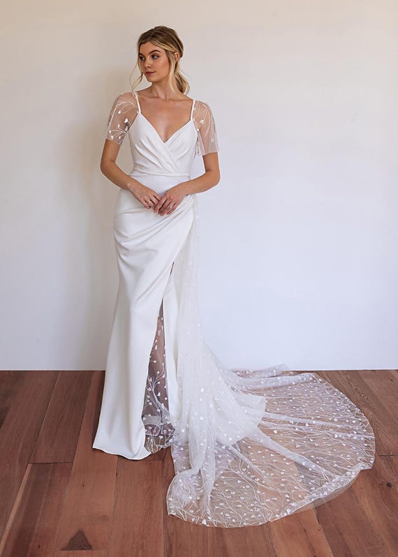 wedding dress lace chiffon Elegant Lace Chiffon Short Sleeves V-neck Column Slit Wedding Dresses,  CW0295 main image 0
