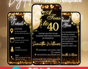 Elegante invitación a cena de cumpleaños en negro y dorado / Plantilla Canva para 40 cumpleaños / Descarga digital / Invitación de cumpleaños para hombres y mujeres