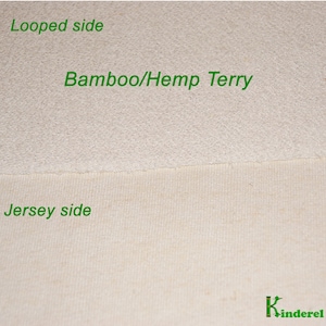May include: Close-up of a white fabric with a textured looped side labeled "Bamboo/Hemp Terry" and a smooth jersey side labeled "Jersey side".