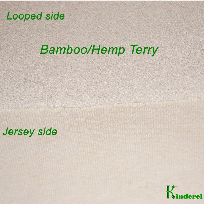 May include: Close-up of a white fabric with a textured looped side labeled "Bamboo/Hemp Terry" and a smooth jersey side labeled "Jersey side".