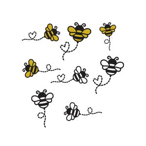 May include: A collection of cartoon bees in flight, with black and yellow striped bodies and heart-shaped trails. The bees are depicted in a simple, whimsical style against a white background, suitable for various craft projects.