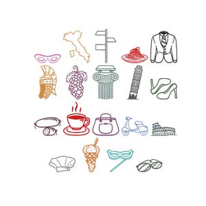 Italian Doodles Embroidery, Italian cultural symbols, landmarks, and culinary items Machine Embroidery Design Files, line Art Files, 5 Sizes