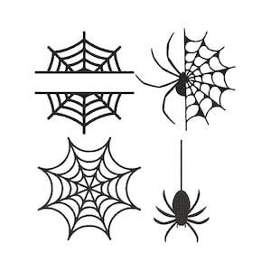 Könnte beinhalten: Eine Sammlung schwarzer Spinnennetz- und Spinnenillustrationen auf weißem Hintergrund. Die Designs umfassen Spinnennetze mit und ohne Spinnen, perfekt für Halloween oder gruselige Bastelarbeiten und Dekorationen.