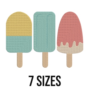 May include: Three embroidered ice cream popsicle designs in yellow, blue, and pink with a white drip. The text "7 SIZES" is below the popsicles.