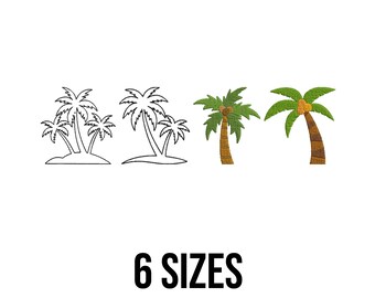 May include: An image featuring six palm tree designs. Two are outlined in black, while the others are colored with green fronds and brown trunks. The text "6 SIZES" is displayed in bold, black font at the bottom of the image.