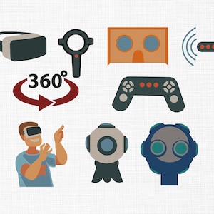 May include: A collection of virtual reality (VR) and augmented reality (AR) icons. Includes a VR headset, a magnifying glass, a cardboard VR viewer, a game controller, a 360-degree arrow, a person wearing a VR headset, and other VR-related elements.