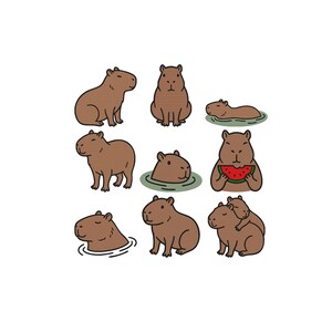 Può includere: Una collezione di nove illustrazioni di capibara marroni in varie pose, tra cui in piedi, seduti, che nuotano in acqua verde, e un capibara che tiene una fetta di anguria rossa con la buccia verde, il tutto delineato in stile a tratto marrone.