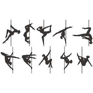 May include: A collection of black silhouette figures performing various pole dancing poses. Each figure is positioned on a vertical pole, showcasing different acrobatic movements and body positions. The background is plain white.