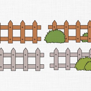 Peut inclure: Illustration de quatre clôtures en bois. Deux sont marron et deux sont grises. Deux clôtures ont des buissons verts. Les clôtures ont des pointes et sont faites de planches de bois. Le fond est beige clair.