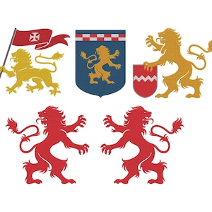 Op de afbeelding: Een verzameling heraldische wapenschilden met leeuwen en schilden. De ontwerpen omvatten een gouden leeuw met een vlag met een kruis, een blauw schild met een gouden leeuw en een gouden leeuw met een rood schild. Er worden ook twee rode leeuwen weergegeven.