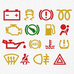 May include: A collection of automotive dashboard warning light icons in red, yellow, and green. The icons include symbols for battery, ABS, engine, oil, and other vehicle systems. The image is on a white background.