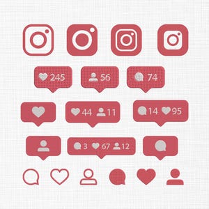 May include: A collection of red Instagram-themed icons and speech bubbles. The icons include the Instagram logo, hearts, speech bubbles, and user profiles. The speech bubbles display numbers representing likes and comments.