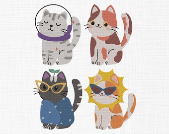May include: Four illustrated cats with different personalities and accessories. A gray cat wearing a purple astronaut helmet, a brown and white cat with brown spots, a black cat wearing sunglasses and a blue shirt, and an orange and white cat with a yellow sun behind it wearing sunglasses.