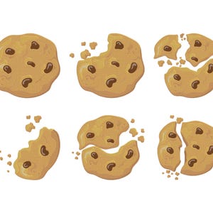 May include: Illustration of six chocolate chip cookies in various states of being whole, broken, and partially eaten. The cookies are a light brown color with dark brown chocolate chips. Some cookies have crumbs around them.