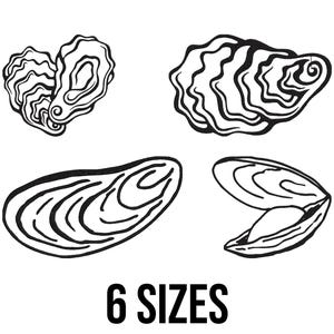 May include: Black and white line art illustrations of oysters and mussels in various shapes. The image includes a heart-shaped oyster and text that reads "6 SIZES".