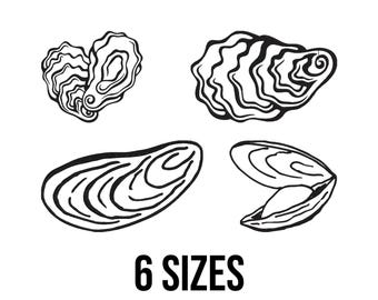 Diseño de bordado de ostras, diseño de bordado de mariscos, diseño de bordado de comida costera, archivos de diseño de bordado a máquina de mariscos (6 tamaños)