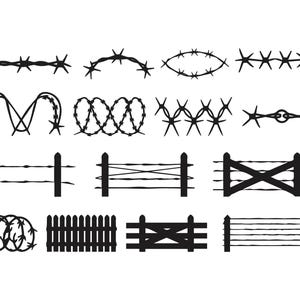 Könnte beinhalten: Eine Sammlung von Schwarz-Weiß-Vektorillustrationen von Stacheldraht und Zäunen. Das Bild enthält verschiedene Designs von Stacheldraht, von geraden Linien bis zu gebogenen Formen, sowie verschiedene Zaunarten, darunter Zäune und Tor-Designs.