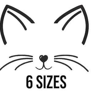 May include: Black cat face design with ears, whiskers, and a heart-shaped nose. The text "6 SIZES" is displayed in bold, black font below the cat face. The design is on a white background.