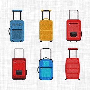 May include: Six colorful rolling suitcases in blue, yellow, and red are arranged in two rows. Each suitcase has a retractable handle and a front pocket. The luggage is designed with a simple, cartoon-like style, perfect for travel.